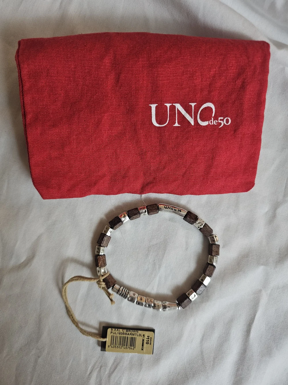 UNO de 50 Wooden & Silver Beaded Bracelet - Brown/Silver Size XL 7.3